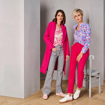 2 outfits, grey jeans with a fuchsia blouse and coat & fuchsia pants with a blue and fuchsia blouse